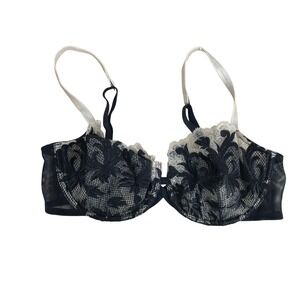Victoria's Secret 36D Black Cream Floral Embroidered Unlined Demi Bra Underwire